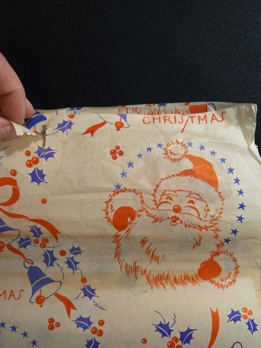 Vintage Merry Christmas Santa Gift Wrap - Cream with Orange & Blue